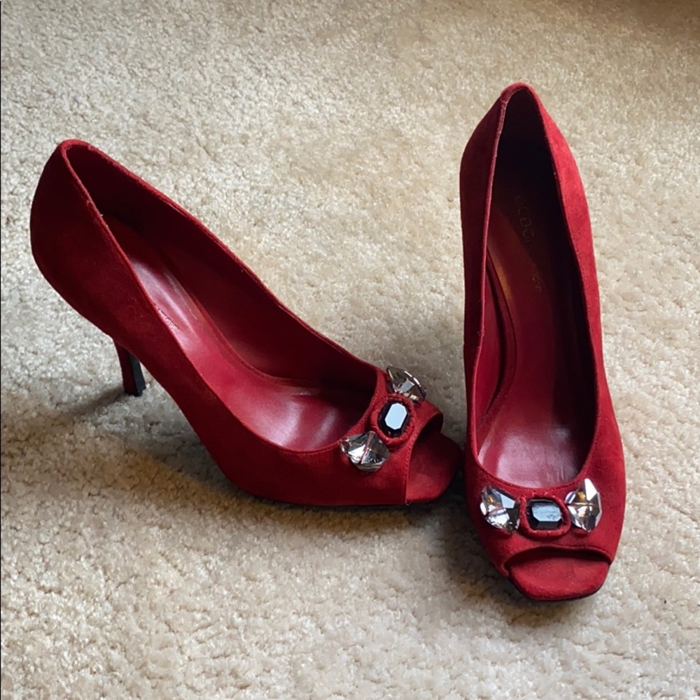 BCBG red suede jeweled peep-toe heels!
